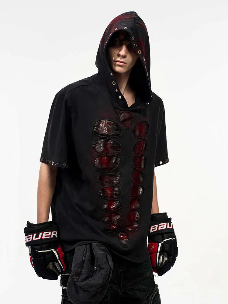 Black men's hooded T-shirt with sequin detailing, loose fit, short sleeves