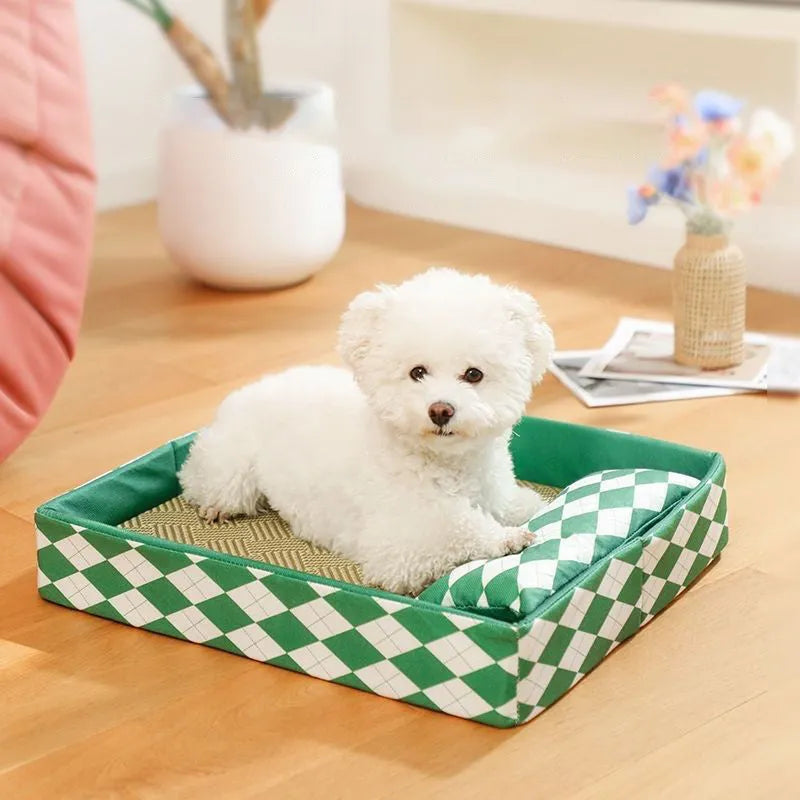Blue rattan mat cat bed in size L, a non-removable pet sleeping nest on a wooden floor.