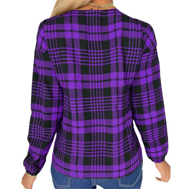 Women's purple plaid shirt with loose fit and regular sleeves