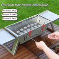 Small foldable portable charcoal barbecue grill shown open for cooking and folded flat.