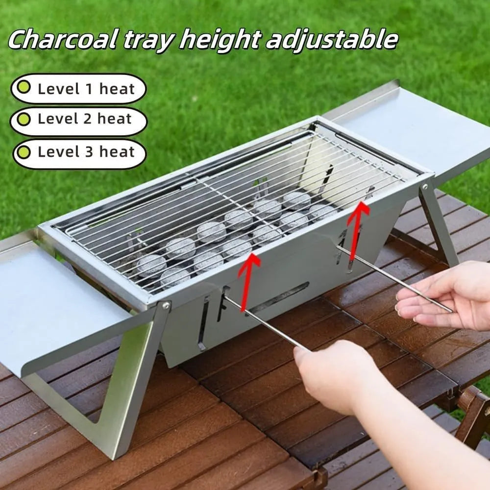 Small foldable portable charcoal barbecue grill shown open for cooking and folded flat.