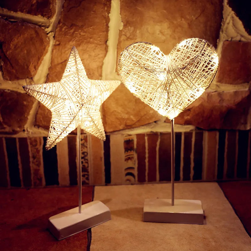 Rattan LED decorative lamp with copper wire in love, star or moon designs