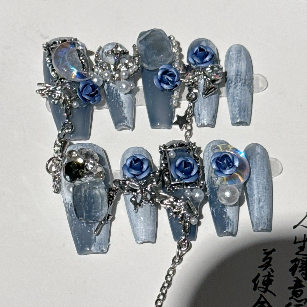 Heavy industry blue evening gloves with twinkling rose and tulip floral pattern showing full hand coverage