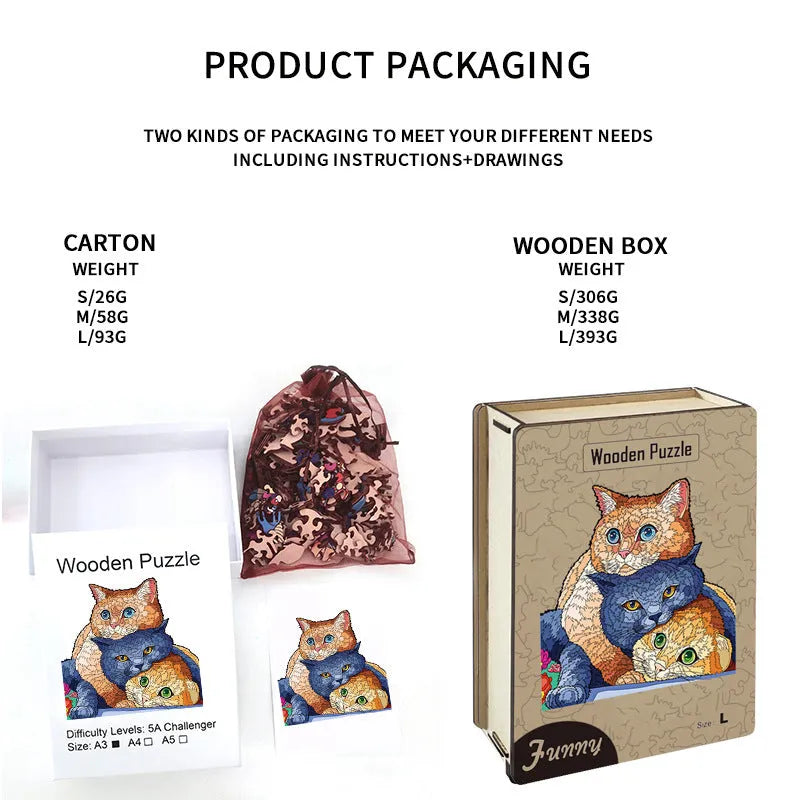 Irregular wooden animal shaped puzzle toy pieces in a paper box, showing various animal cutouts.
