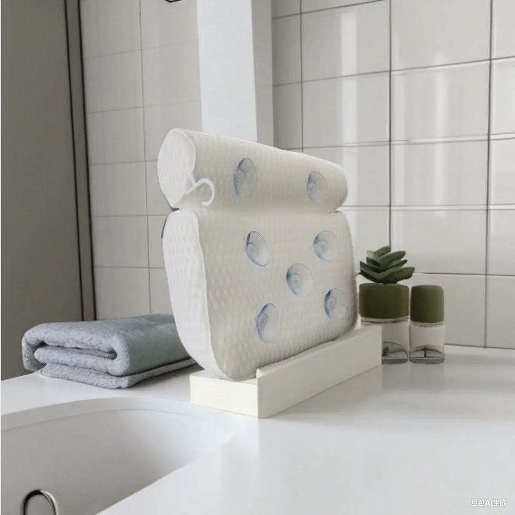 White bathtub pillow with 7 suction cups and 4D mesh design measuring 37x34x10cm