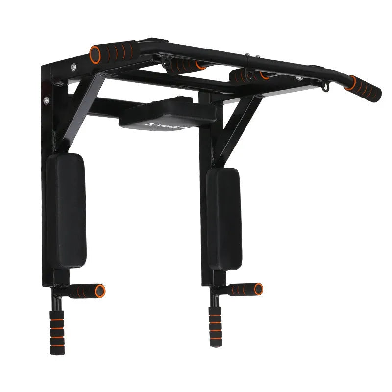 Black steel wall-mounted single parallel bars pull-up rack for fitness training.