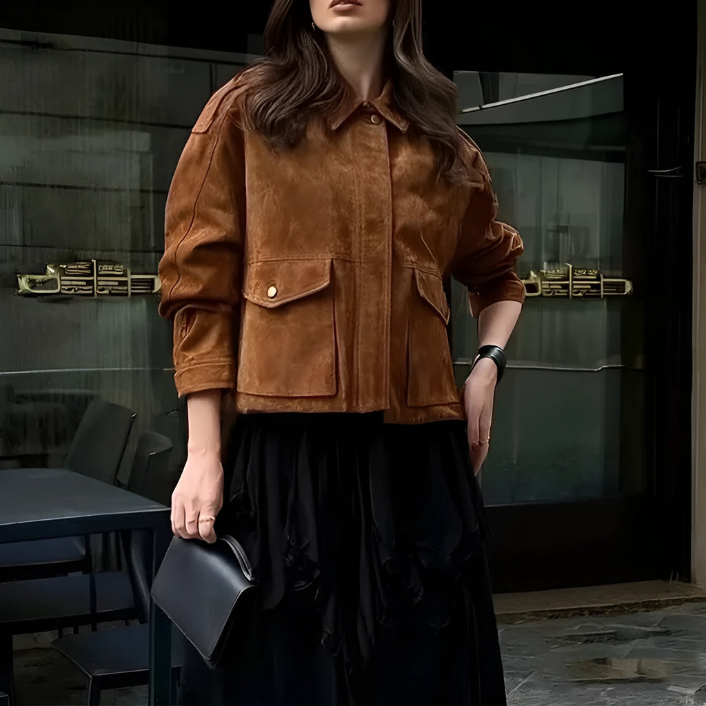 Women's brown suede-look coat with regular sleeves and street chic styling