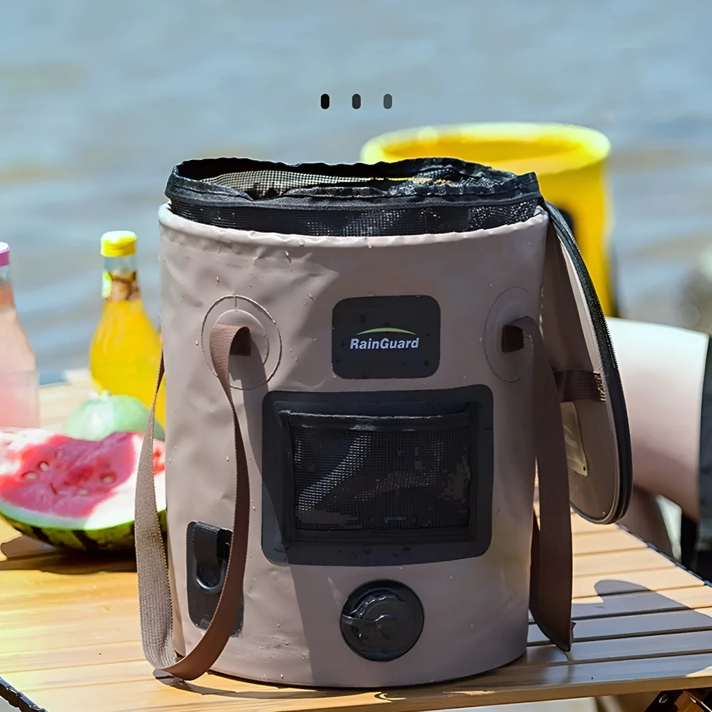 Portable folding fishing bucket in lemon yellow with optional mesh pocket showing 25 litre capacity