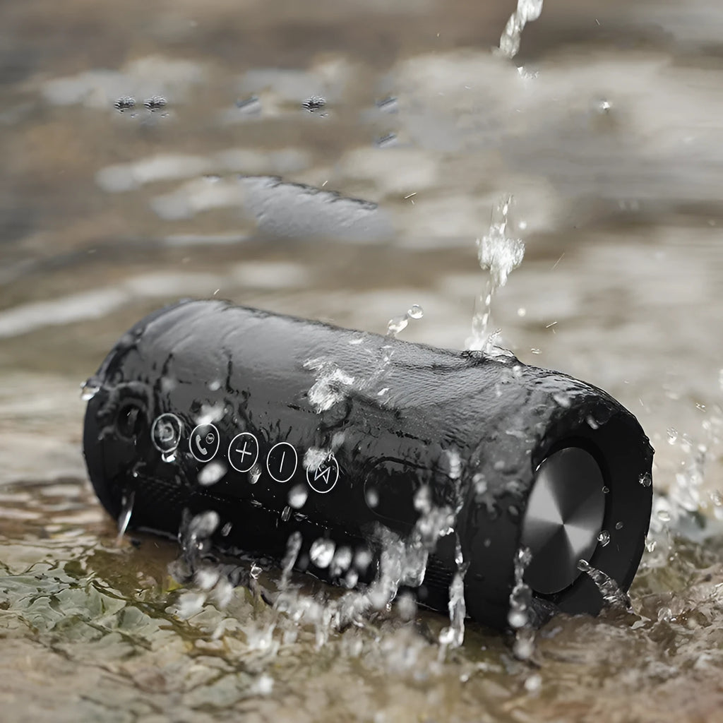 Waterproof outdoor Bluetooth speaker in black, camouflage, grey, or red colour options.
