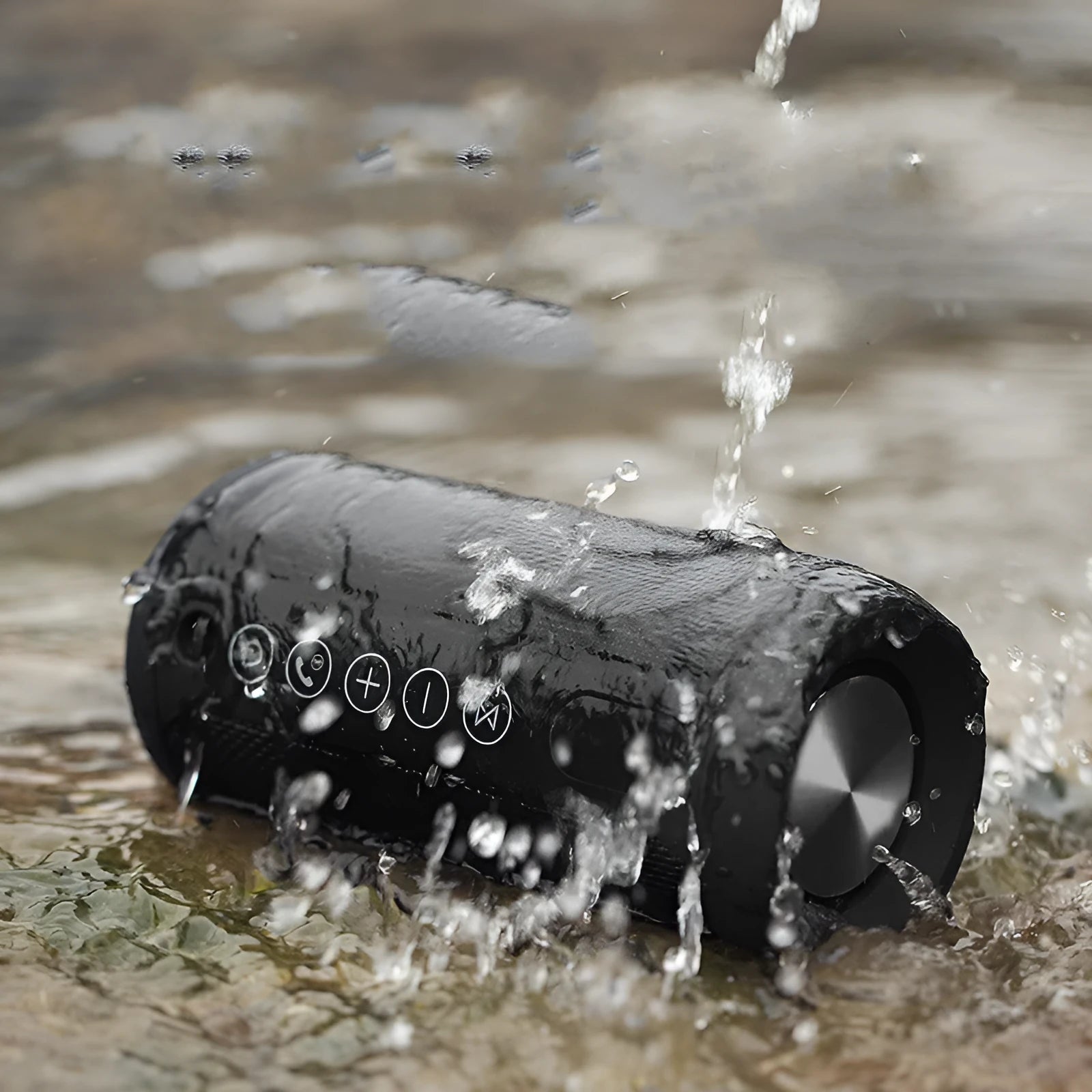 Waterproof outdoor Bluetooth speaker in black, camouflage, grey, or red colour options.