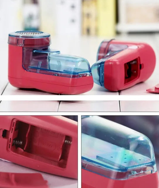 Portable electric clothing lint remover device on a sweater.