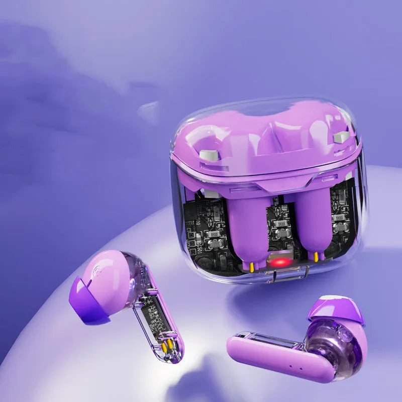 Transparent wireless Bluetooth earphones in black, showing internal components.