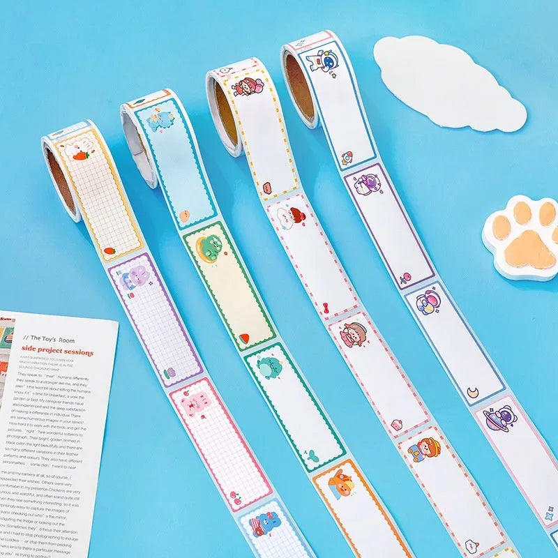 Roll of colourful cartoon name tape stickers with dinosaur, astronaut, rabbit, and girl designs.