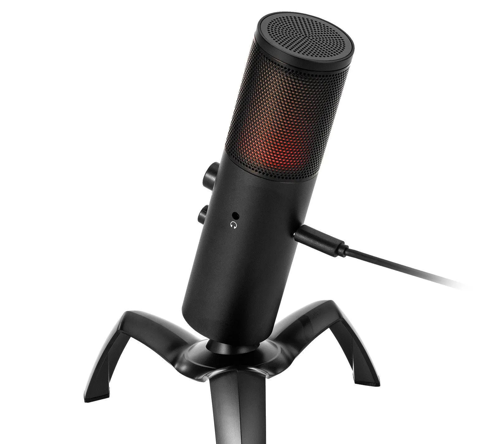 Black Q18 USB condenser microphone with RGB lights on adjustable metal tripod.