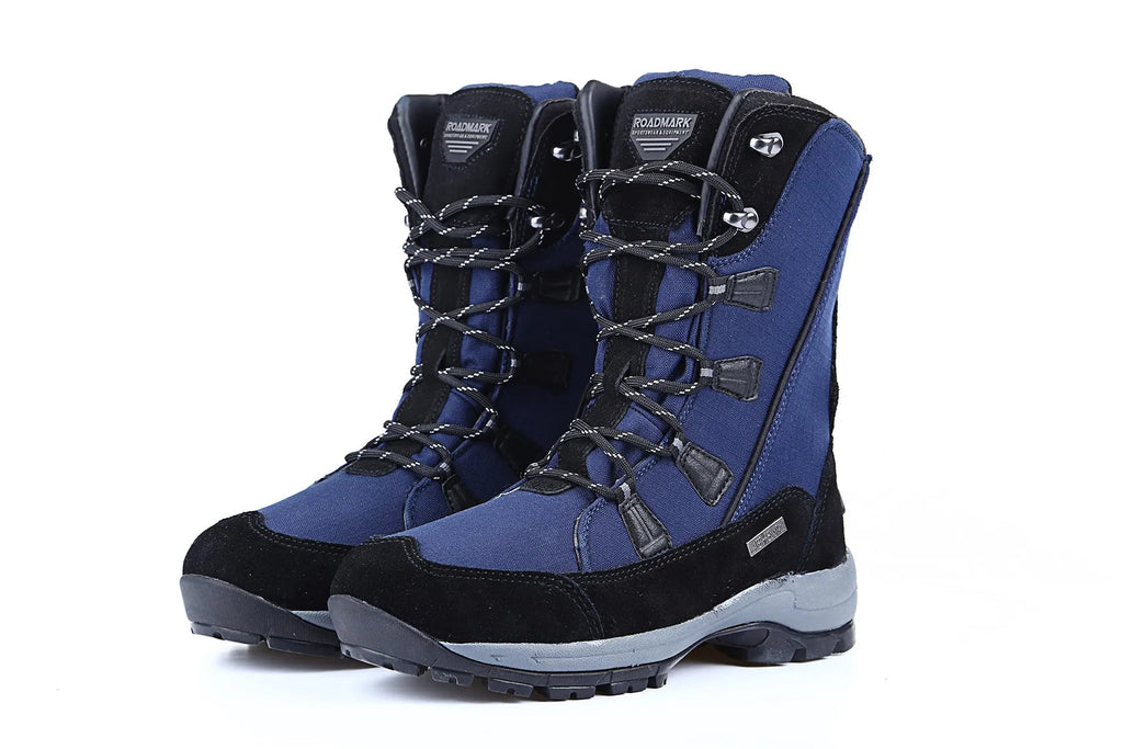 Women's mid-calf thermal snow boots in black with round toe and genuine leather upper