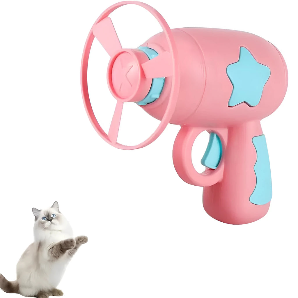 Blue plastic cat toy gun with spinning Frisbee for indoor feline play