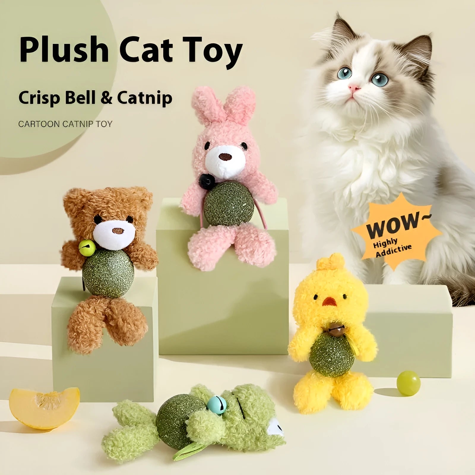 Plush catnip ball toy with mint centre and bell in 15x7x4cm size for kittens