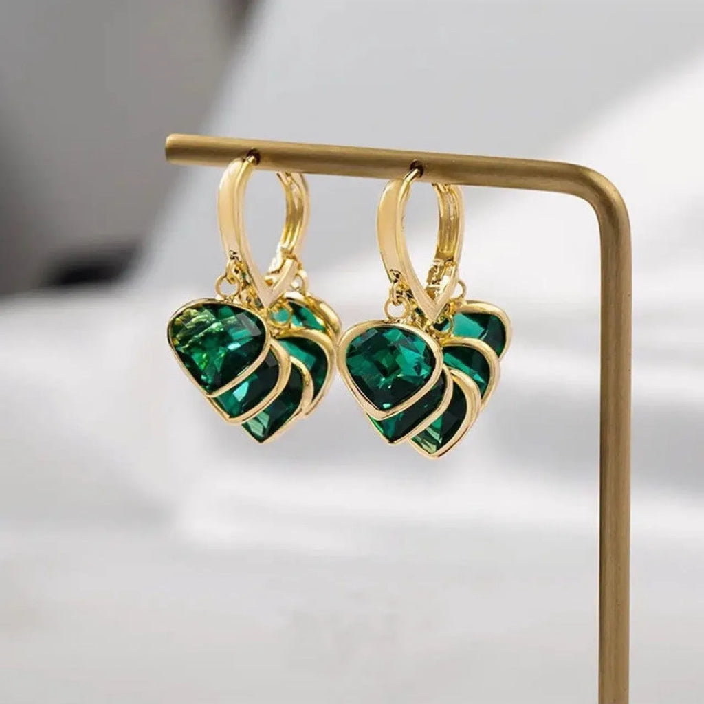 Korean style green heart pendant glass ear clip earrings with artificial gemstone detailing