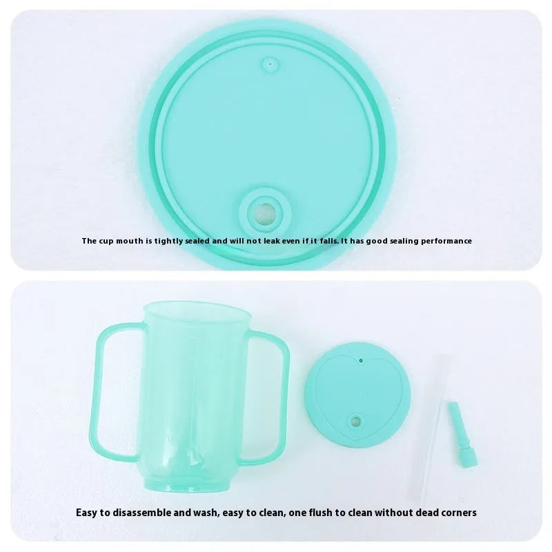 Oblique mouth choke-proof drinking cup for elderly and pregnant users in bed, with optional wrist splint handle.