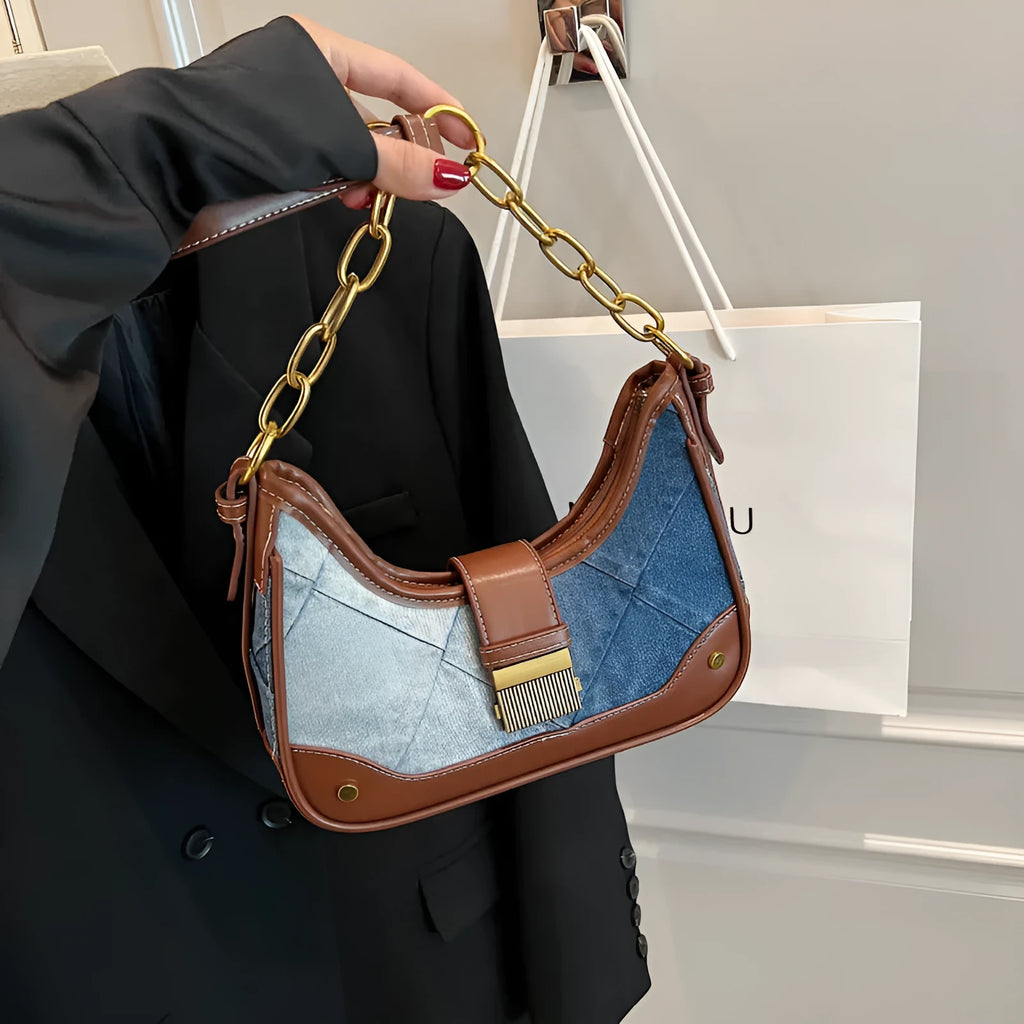 Brown denim women's shoulder bag with diamond mesh detail and chain straps