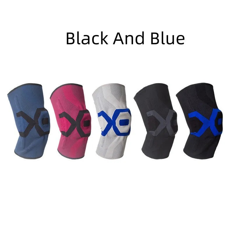 A pair of flexible silicone knee pads for sports, shown in a black and blue colour combination.