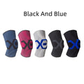 A pair of flexible silicone knee pads for sports, shown in a black and blue colour combination.