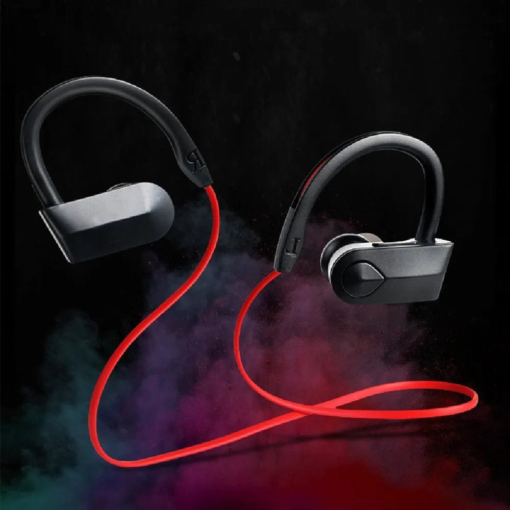 Wireless neck mounted Bluetooth earphones in black colour with USB charging cable