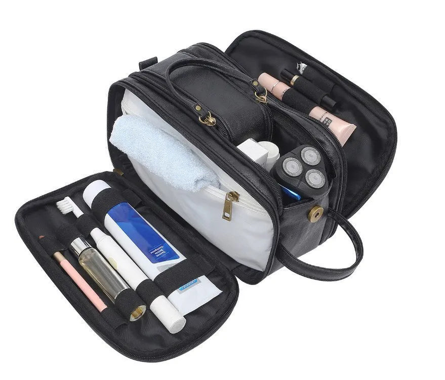 Men's black and brown PU leather toiletry bag for travel storage