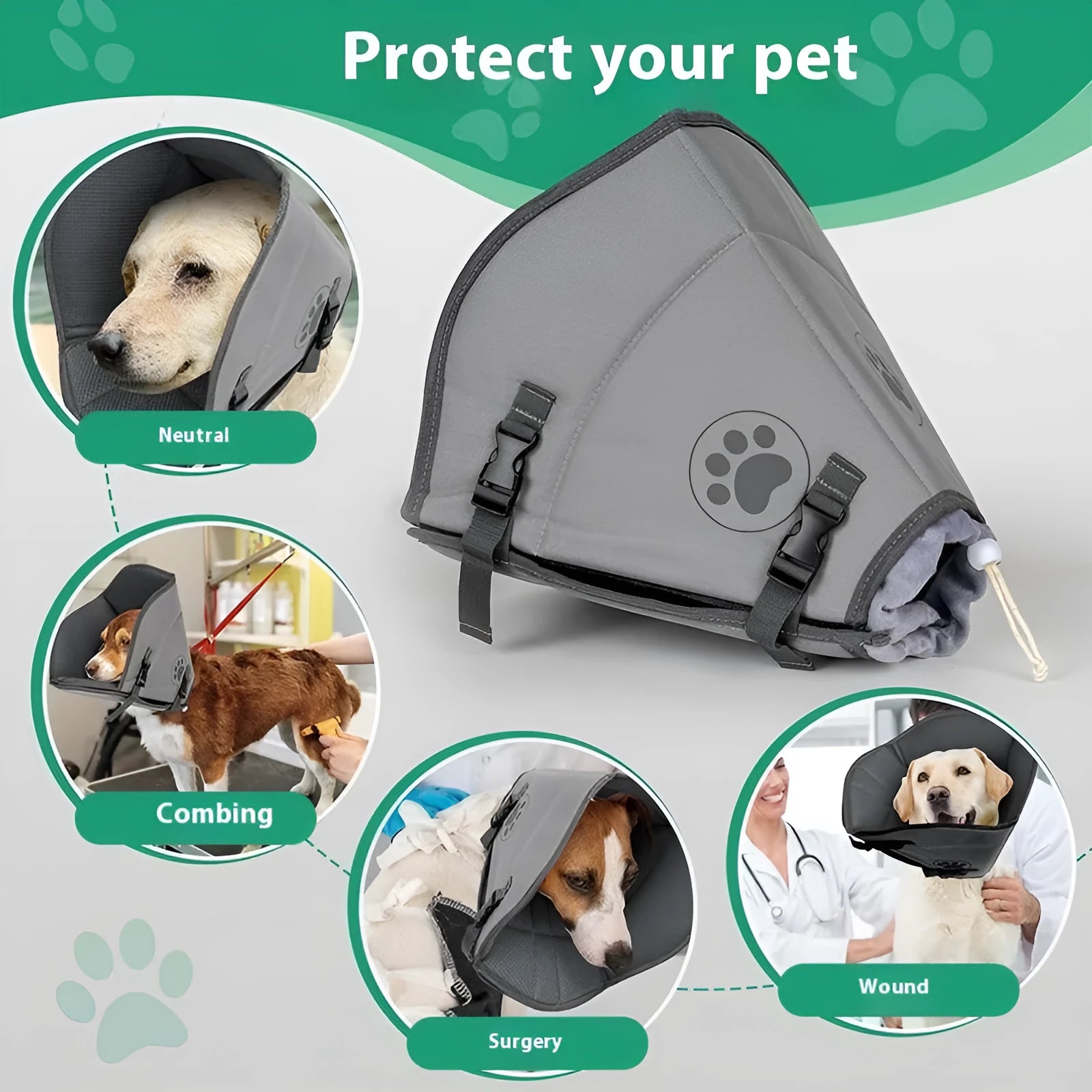 Adjustable soft fabric collar for pet sterilisation recovery, shown in a casual style.