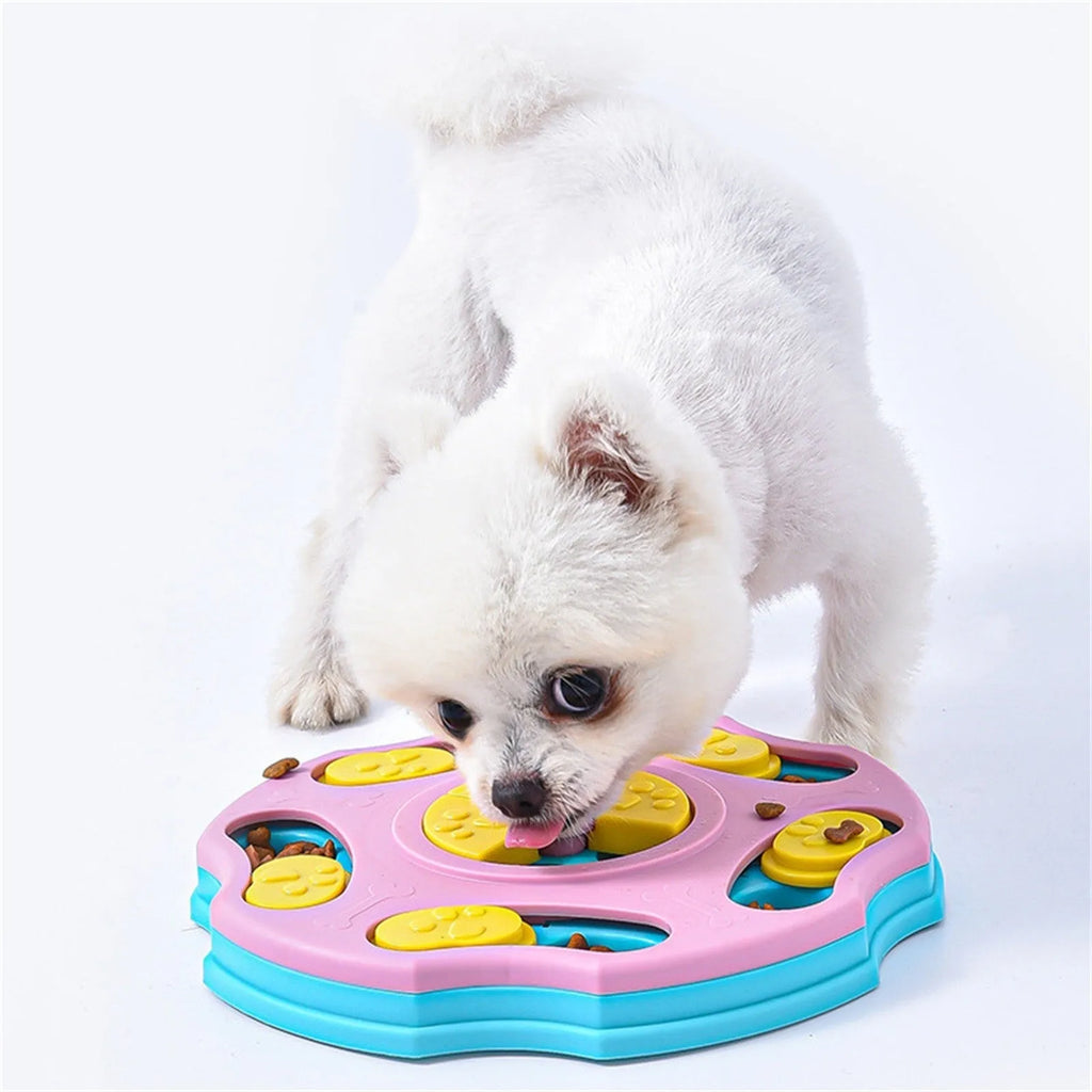Blue dog puzzle feeder toy with sliding panels for food, measuring 24x24 cm