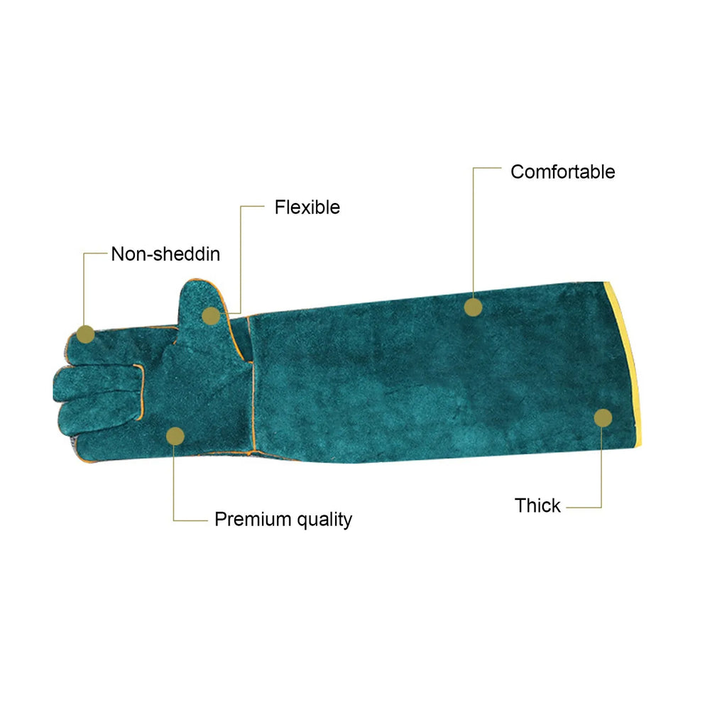 Dark green leather pet handling gloves with extended sleeves for animal bite protection