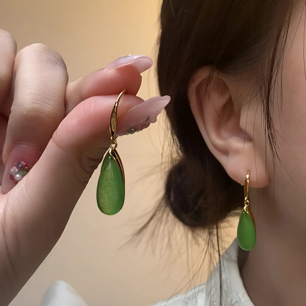 Retro geometric Chinese-style earrings with water droplet design in electroplated CP798 jade colour