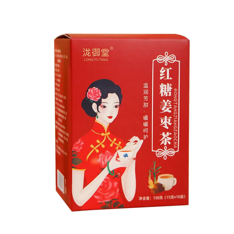 A 150g box of brown sugar ginger tea bags containing red dates, wolfberry, longan and rose