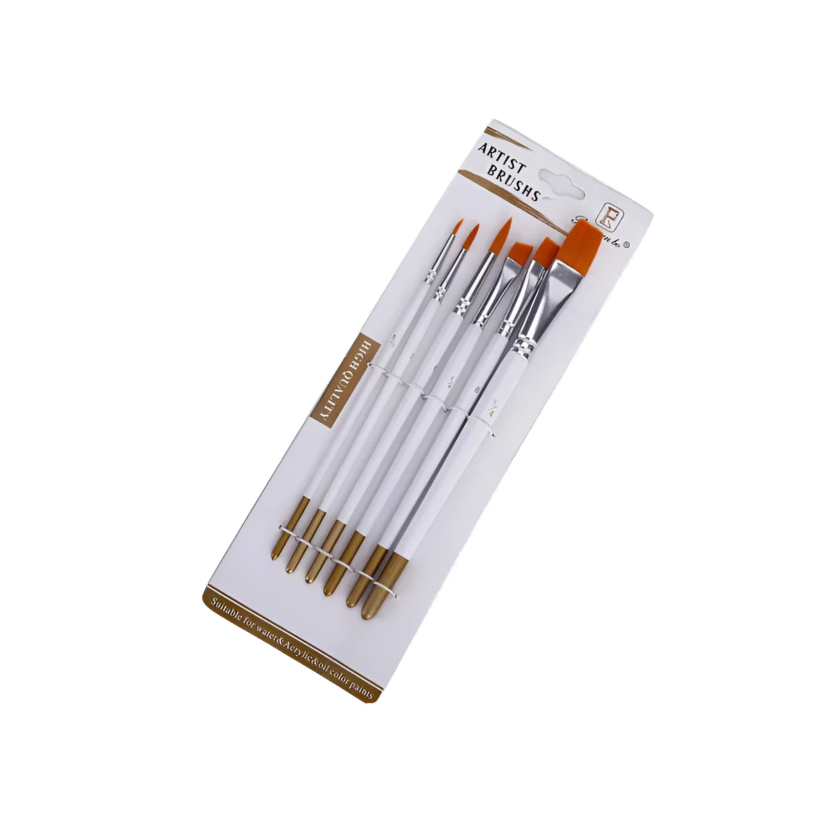 Set of six watercolour acrylic brushes with wood handles and assorted nylon bristle sizes on a white background
