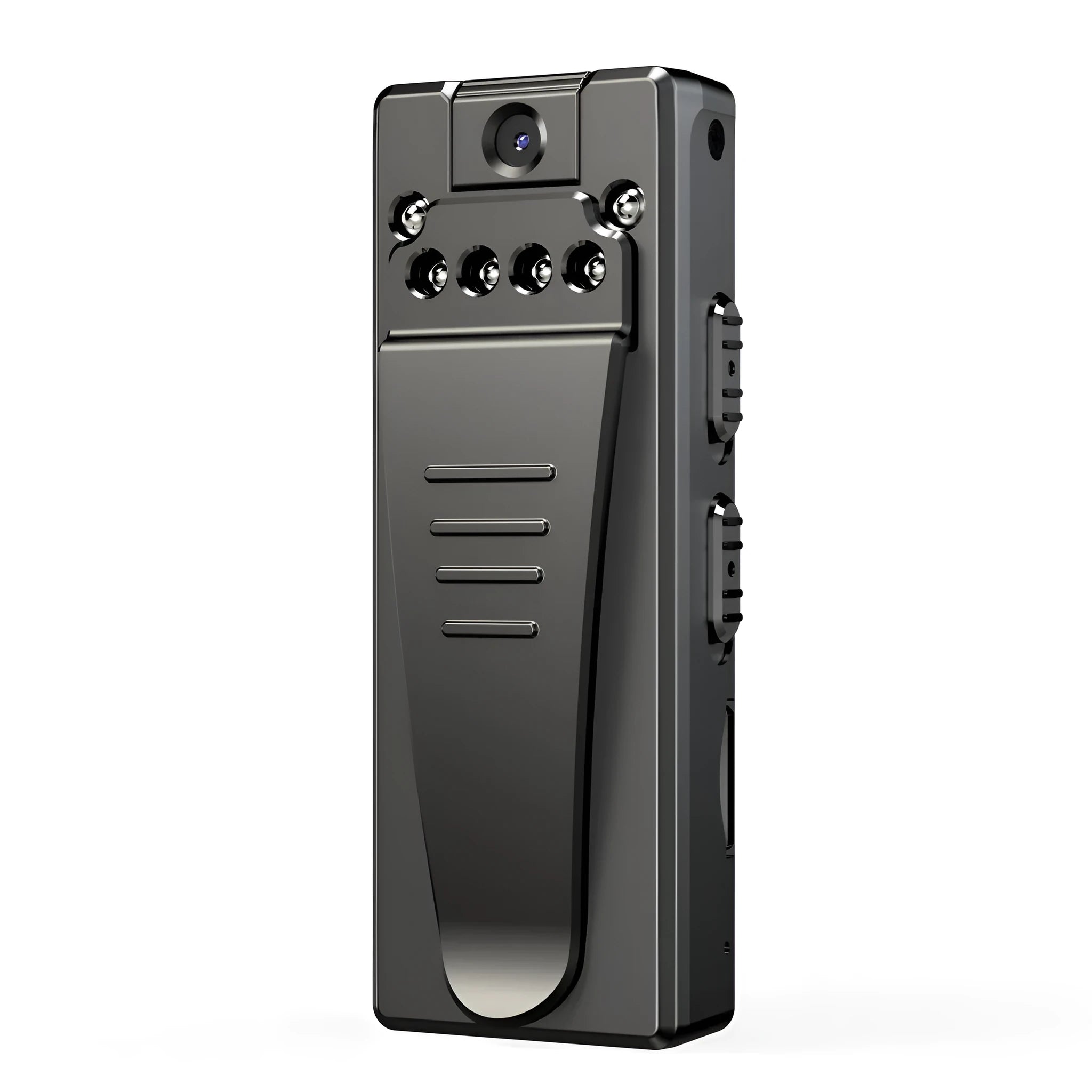 Black 1080p HD digital video camera on a stand showing its 90-degree rotation capability.