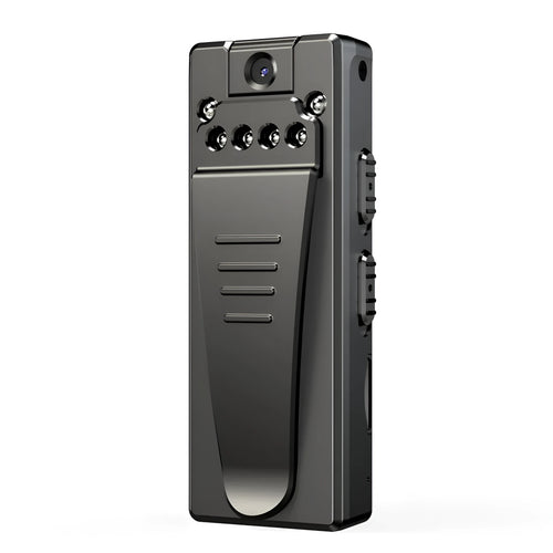 Black 1080p HD digital video camera on a stand showing its 90-degree rotation capability.