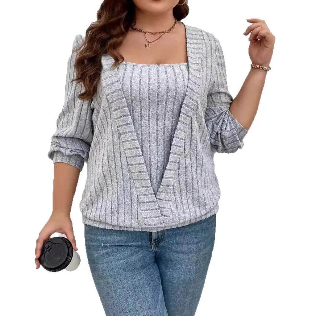 Women's solid colour V-neck false two-piece suit dress with long sleeves in rib fabric.