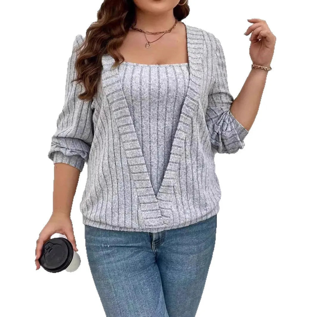 Women's solid colour V-neck false two-piece suit dress with long sleeves in rib fabric.
