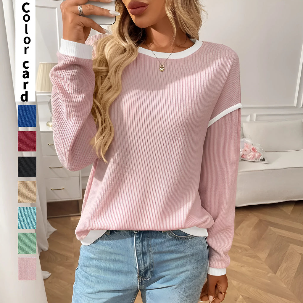 Women's loose round neck polyester pullover top in light blue colour with long sleeves