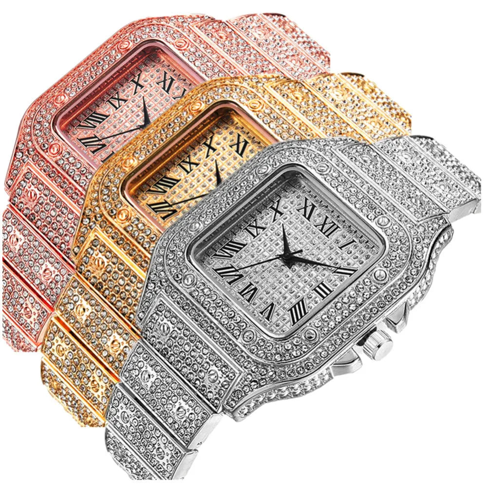 Gold, rose gold and silver Roman numeral quartz watch sets with square diamond dials and black mesh bands.