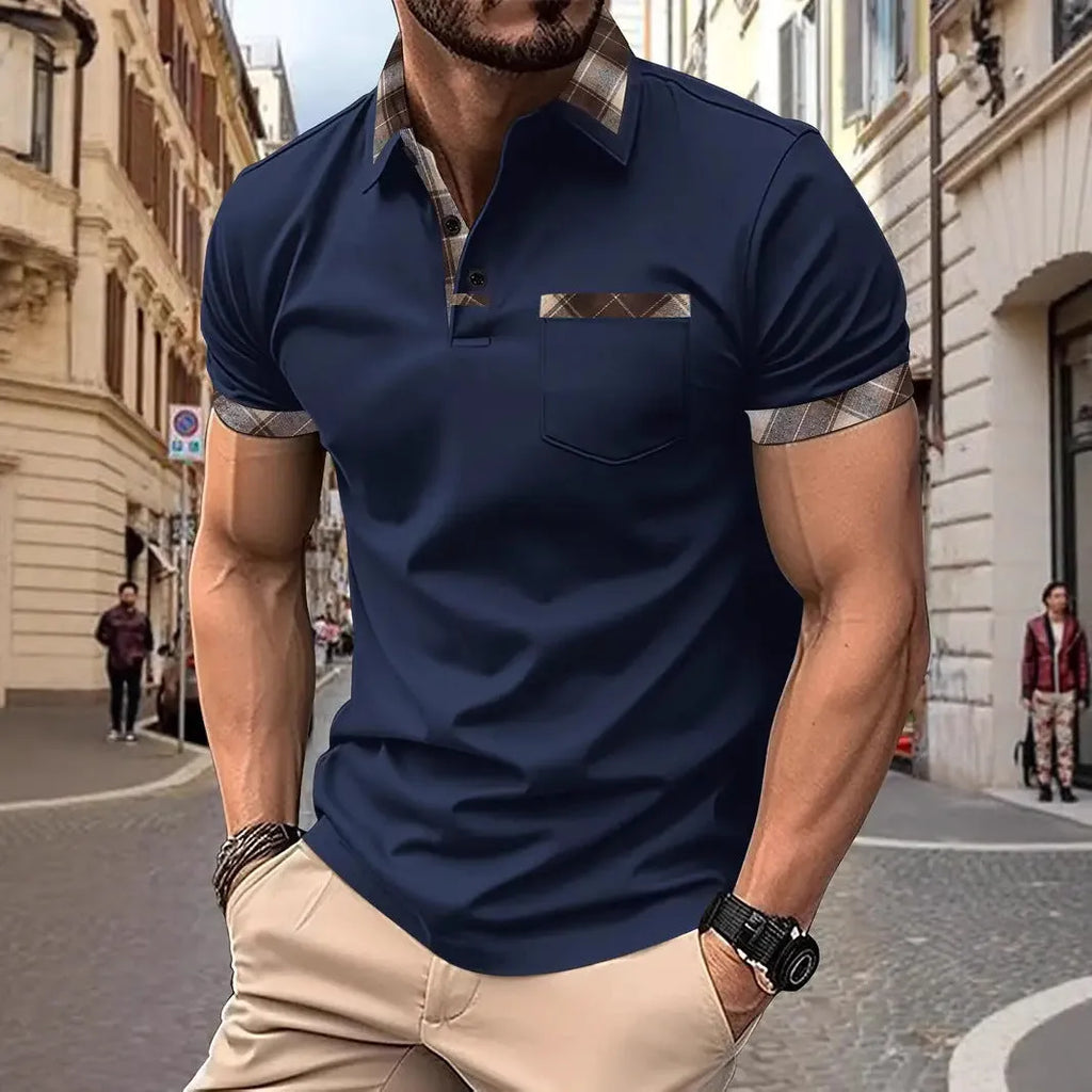 Men's short sleeve plaid colorblock t-shirt with zipper decoration in loose fit style