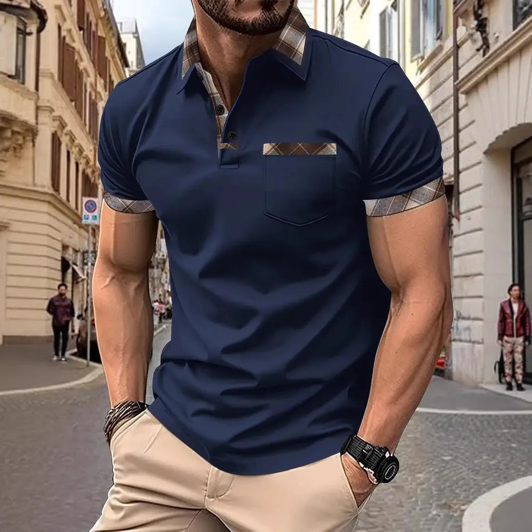 Men's short sleeve plaid colorblock t-shirt with zipper decoration in loose fit style