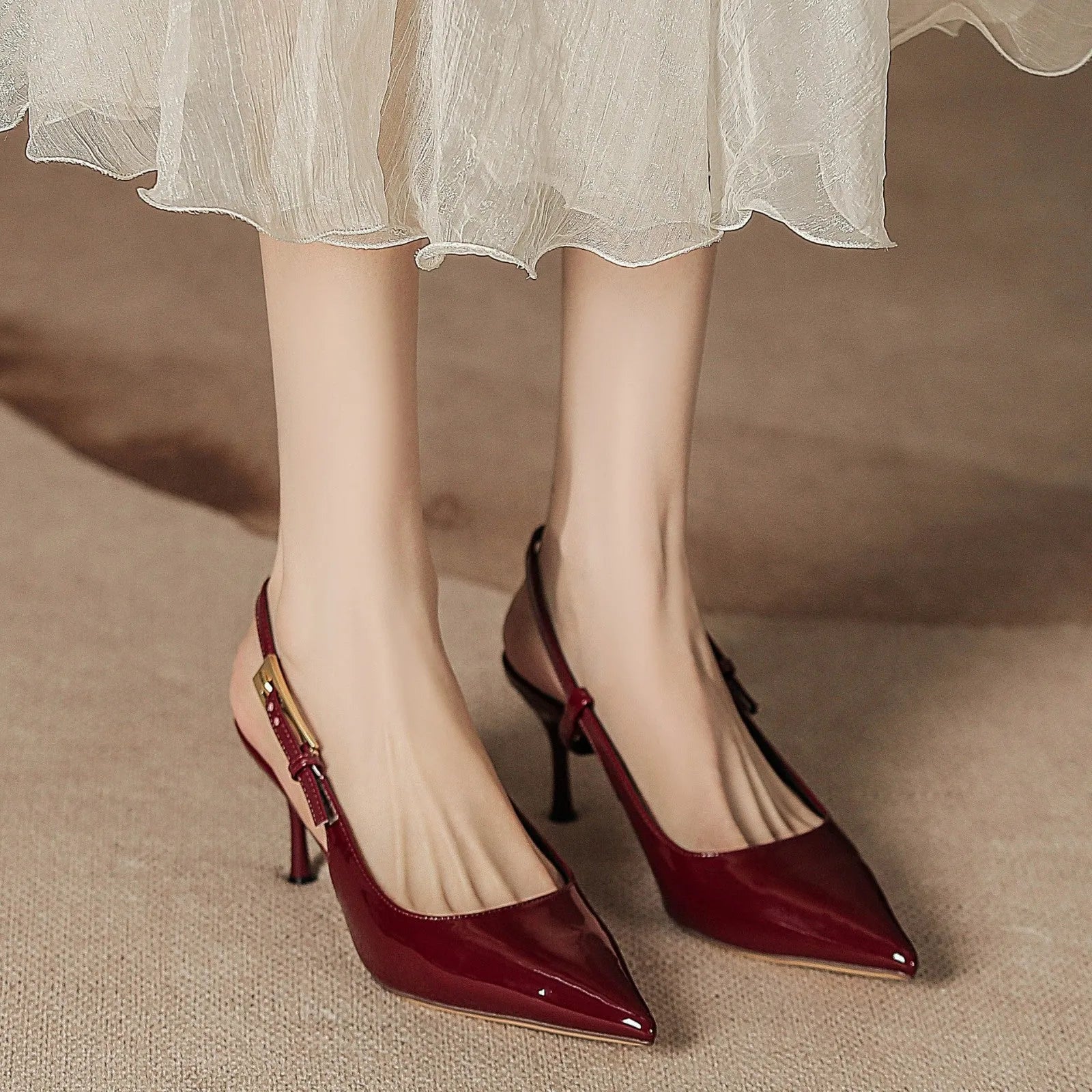 Women's stiletto heel pointed toe closed toe sandals in black with PU upper and rubber sole