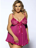 Women's plus-size purple polyester sleepdress with lace detailing and mesh panels