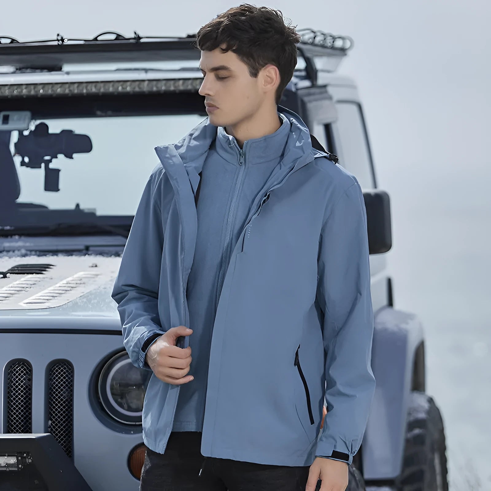 Men's two-piece fluorescent mountaineering suit with removable lining shown in multiple colour options