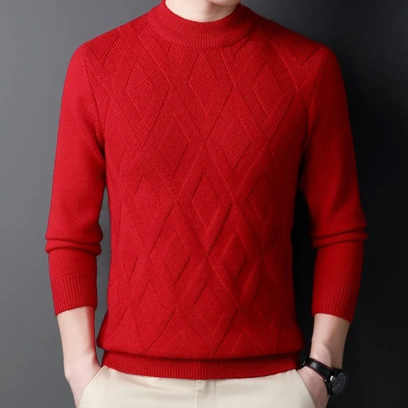 Men's thicken thermal wool diamond jacquard pullover sweater in plus size, shown in light camel colour.
