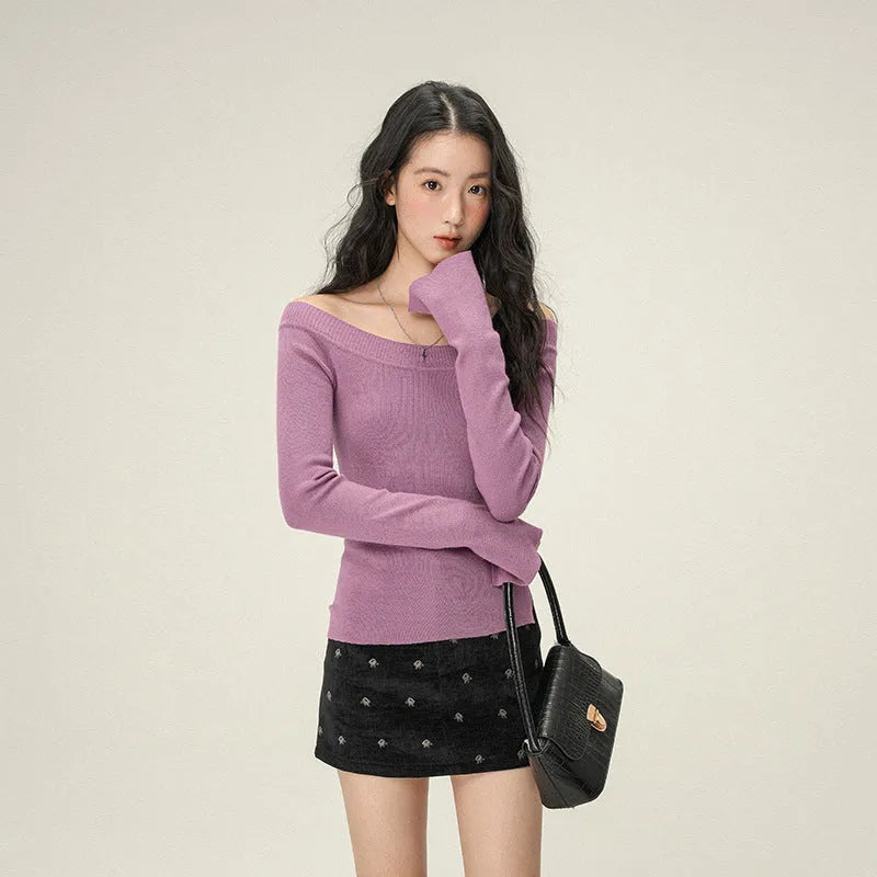 Women's soft knit oblique shoulder pullover sweater slim fit solid colour top in grey