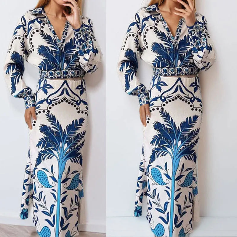 Women's casual polyester two-piece set with long sleeve top and matching long skirt in picture colour
