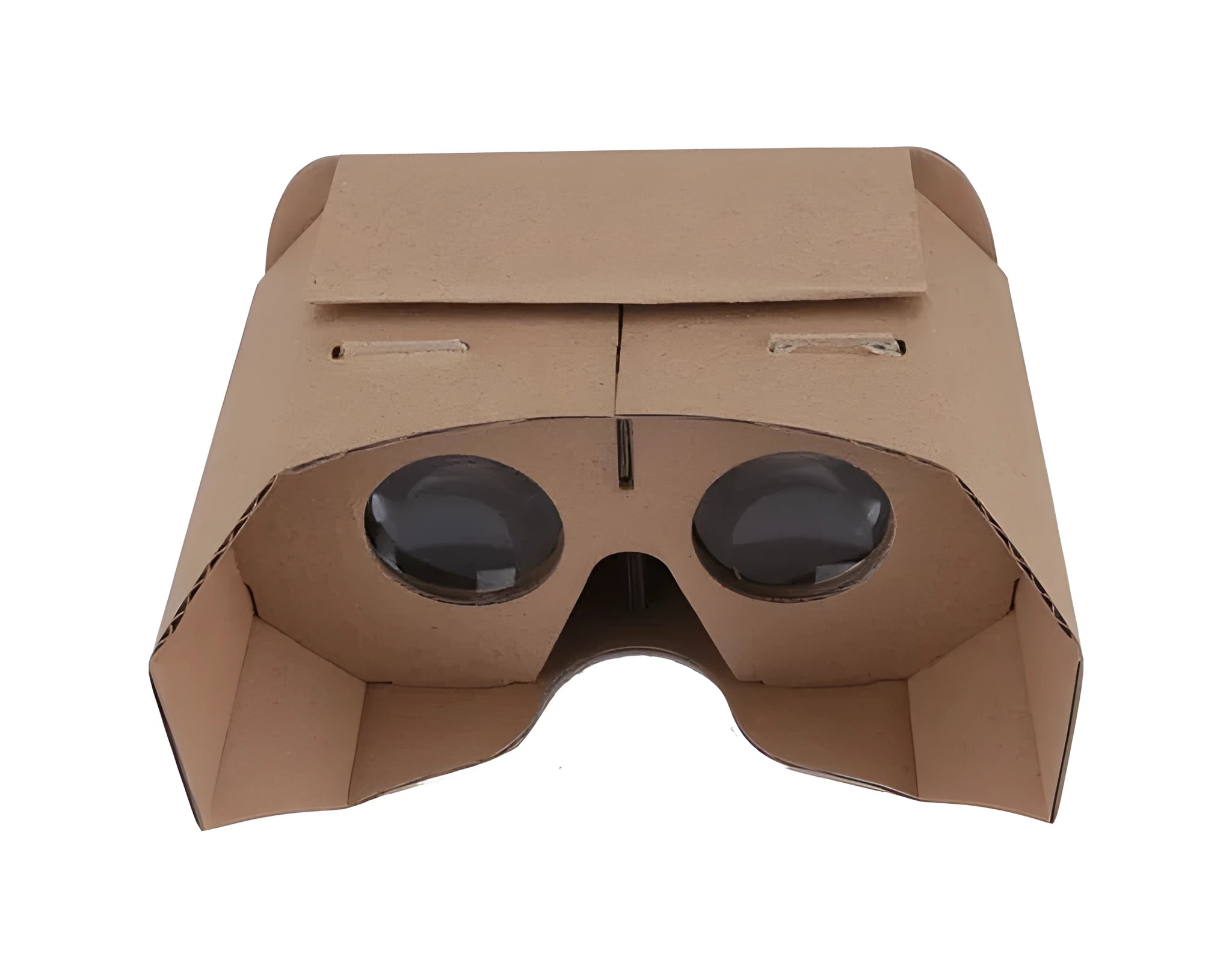 Corrugated paper virtual reality glasses headset for smartphones on a table.