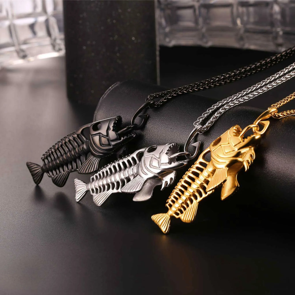 Fish bone pendant necklace in titanium steel with gold plated finish